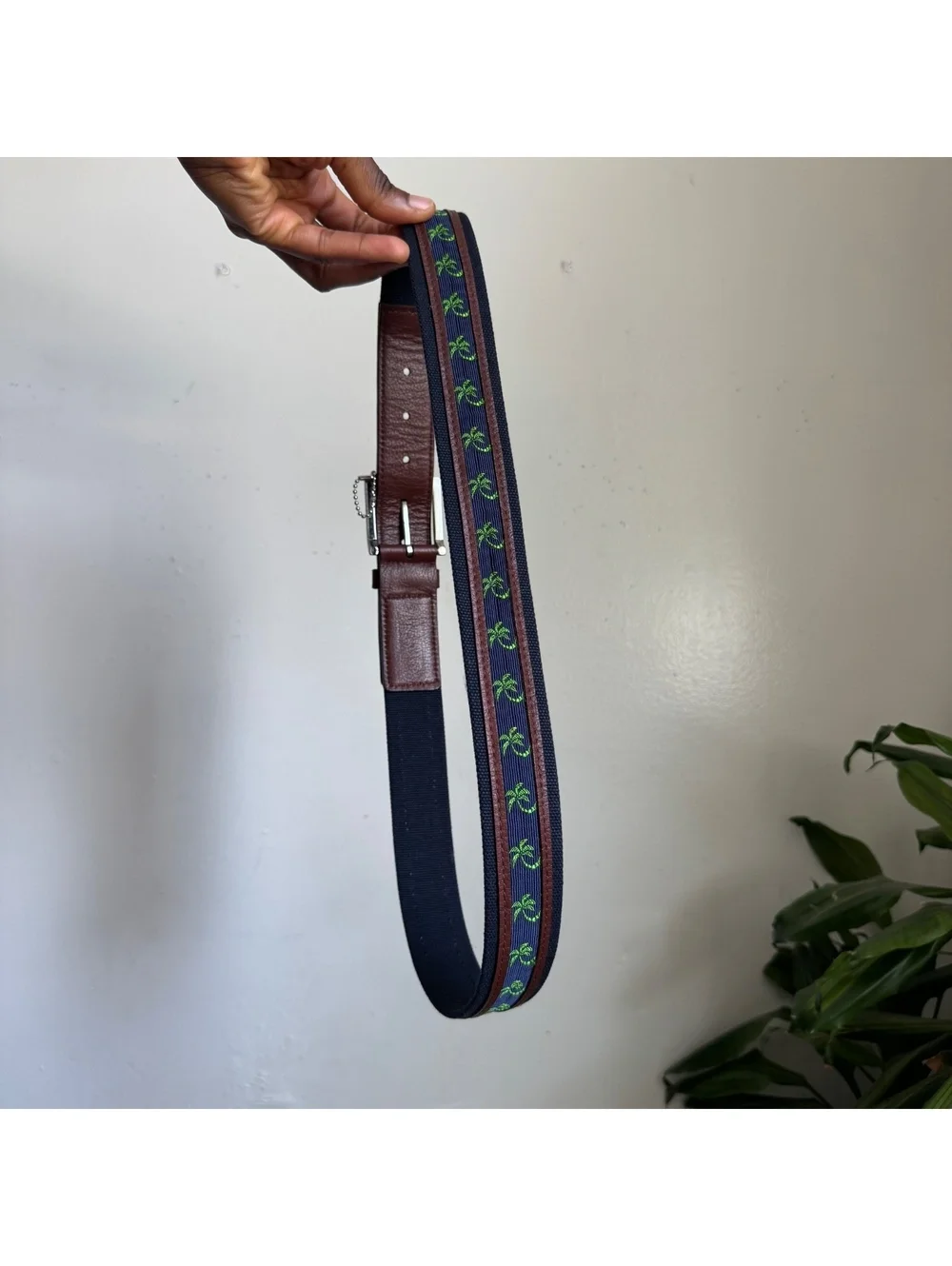 Vintage Preppy Embroidered Palm Tree Surcingle leather Belt Leather fits like L
